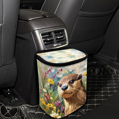 Talayituse Otter Daisy Print Car Trash Bin, Large Size Auto Trash Can Adjustable Portable Garbage Can with Lid, Vehicle Hanging Bag for Headrest Front Back Seat