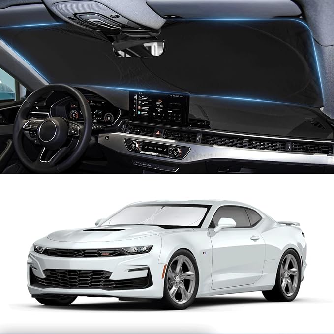 for Chevy Camaro Coupe 2024 Windshield Sun Shade Foldable Sunshade for Chevrolet Camaro Coupe 2016-2024 2025 Windshield Cover 210T Reflective Front Window Protector Blocks UV Sun Visor Car Accessorie