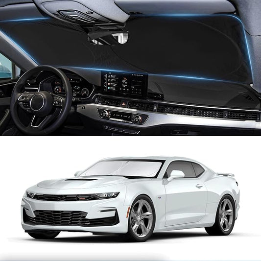 for Chevy Camaro Coupe 2024 Windshield Sun Shade Foldable Sunshade for Chevrolet Camaro Coupe 2016-2024 2025 Windshield Cover 210T Reflective Front Window Protector Blocks UV Sun Visor Car Accessorie