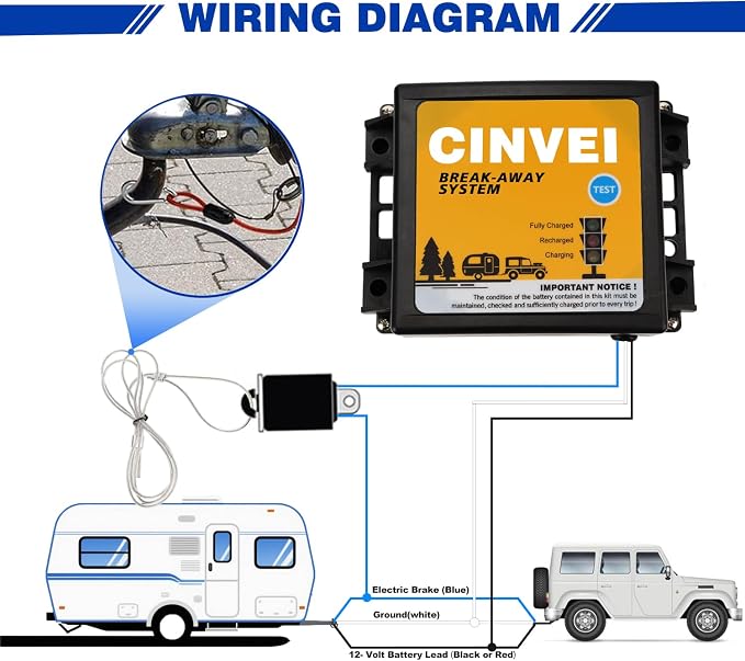 Trailer Brakes Breakaway Kit with Charger, LED Indicator, Switch, 12V 5AH Battery for Trailer Caravan