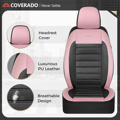 Coverado Car Seat Covers Front Seats, Luxury Leather Car Seat Covers, Automotive Mesh Seat Covers 2 Pack, Airbag-Compatible, Black Pink Seat Covers for SUV Sedan Truck