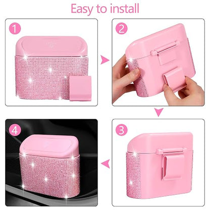 NBTEPEM Bling Pink Car Trash Can with Lid - 2 Pack, Mini Auto Garbage Can with 60 Trash Bags, Automotive Garbage Container Bin, Bling Car Accessories Trash Can for Women (Pink Diamond)