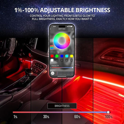 OPT7 Aura Pro 4PC Double LED Interior Car Strip Lights with APP & Remote Control, Multicolor Mode, Sound Active Neon Accent Lighting Kit, Footwell Floor Inside Decor Accessories, 12V Charger Adapter