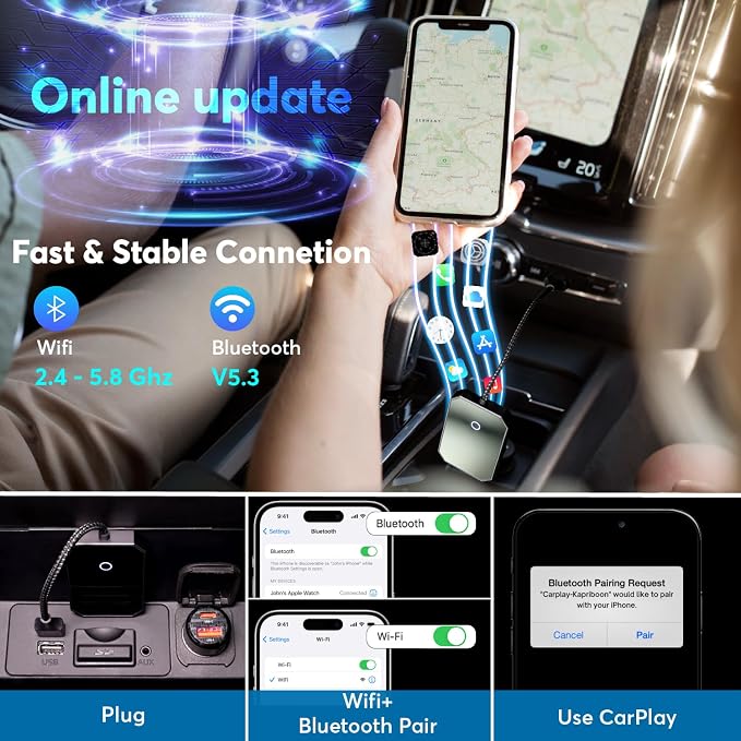 Wireless Carplay Adapter 2024 for Apple iPhone and for Android Auto Bluetooth - Best Mini Adapter - Smart Dongle - Wire to Wireless - Plug and Play Carplay