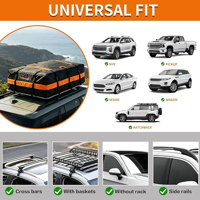 22 Cubic Feet Car Rooftop Cargo Carrier Roof Bag, Fit All Car with/Without Rack, 500D Waterproof PVC Includes Anti-Slip Mat, 6 Door Hooks, 10 Reinforced Straps for Road Trip/Outdoor/House Moving