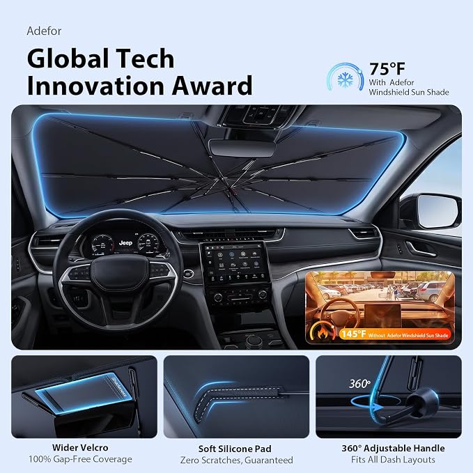 2026 Upgraded Windshield Sun Shade Umbrella for Jeep Cherokee [Precision Custom Fit, Superior UV & Heat Block] Cooling Tech Fabric, Durable Foldable with Storage Bag, Fits 2000-2001, 2014-2023