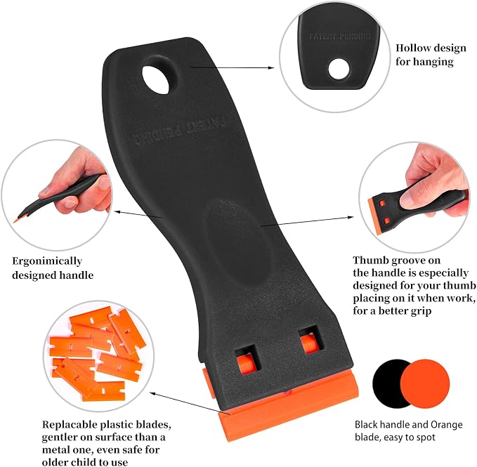 Plastic Razor Blade Scraper, 2 Pack Razor Scraper with 120 Pcs Razor Blades for Removing Glue, Sticker, Decals, Tint from Car Window and Glass（Black）
