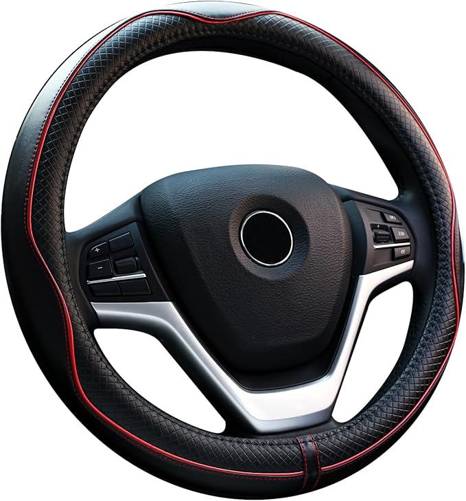 Valleycomfy Steering Wheel Covers Universal 15 inch - Genuine Leather, Breathable, Anti Slip & Odor Free (Black with Red Lines, M(14" 1/2-15" 1/4))