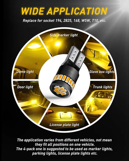 AUXITO 194 LED Light, Amber Yellow 168 2825 W5W T10 Wedge LED Replacement Light Kit Error Free for Car Dome Map Door Parking License Plate Marker Lights, Pack of 10