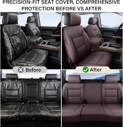 Coverado Chevy Silverado Seat Covers, Leather Car Seat Covers Custom Fit for Chevy Silverado GMC Sierra 2014-2018 1500, 2015-2019 2500HD 3500HD (Full Set, Brown)