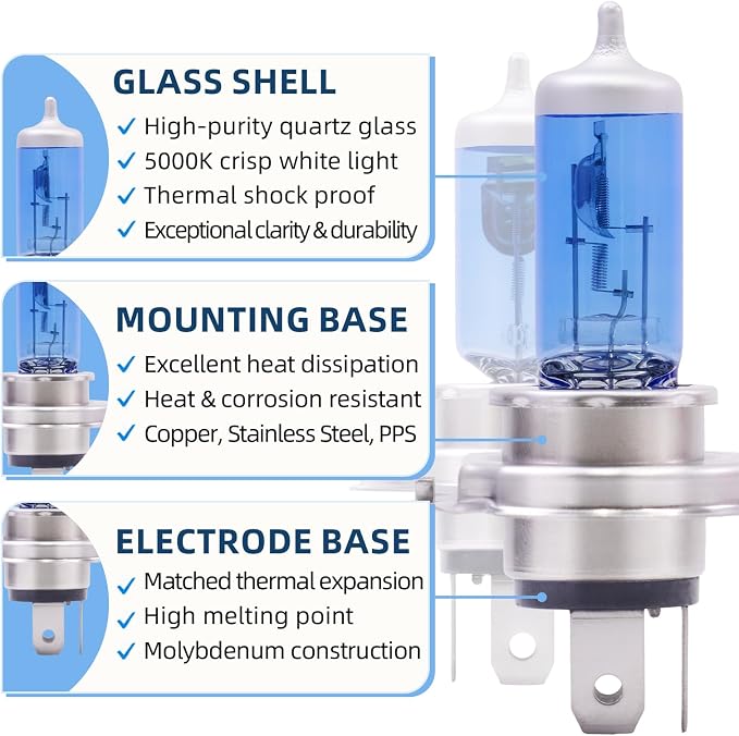Sinoparcel H4/9003 Halogen Headlight Bulbs White 5000K, High and Low Beam, Brighter Replacement for Standard 60W/55W Light, Pack of 2