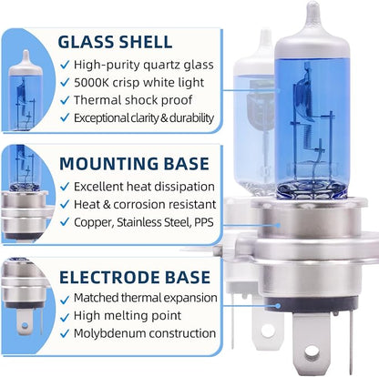 Sinoparcel H4/9003 Halogen Headlight Bulbs White 5000K, High and Low Beam, Brighter Replacement for Standard 60W/55W Light, Pack of 2