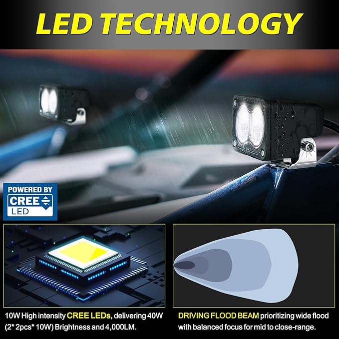 LED Pods, AKD Part 3 Inch Flood CREE LED Off Road Lights 40W Small Driving Light Pods Backup Reverse Lights Fog Pod Light 2 Packs for Truck Pickup Motorcycle UTV ATV SUV Dirt Bike Surron