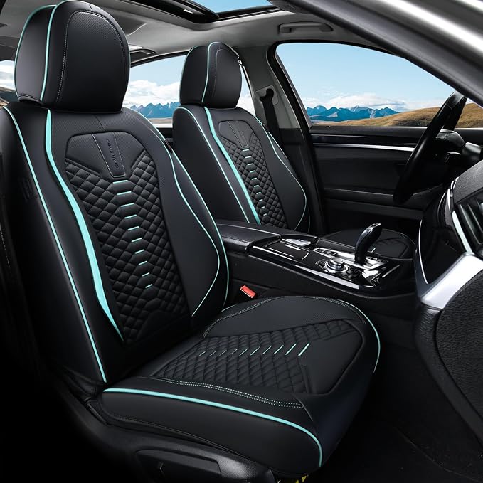 Coverado Leather Seat Covers, Car Seat Covers Full Set, Nappa Leather Seat Covers for Cars, Car Seat Protector Waterproof, Black Car Seat Cover, Universal Seat Cover Fit for Most Cars(Black&Blue)