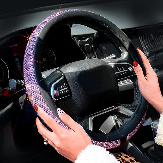 ChuLian New Diamond Leather Steering Wheel Cover with Bling Bling Crystal Rhinestones, Universal Fit 15 Inch Car Wheel Protector for Women Girls Purple Diamond