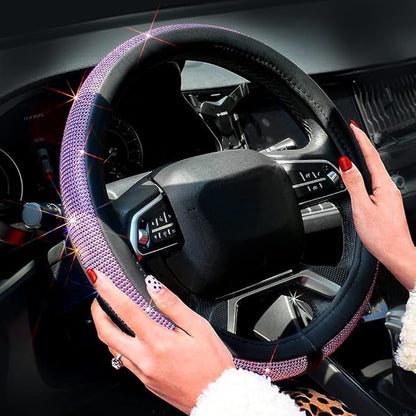 ChuLian New Diamond Leather Steering Wheel Cover with Bling Bling Crystal Rhinestones, Universal Fit 15 Inch Car Wheel Protector for Women Girls Purple Diamond