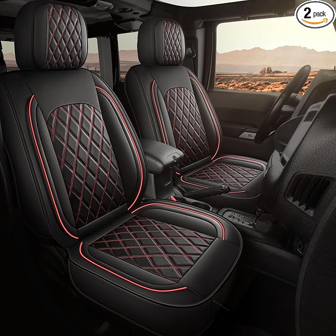 MIROZO Tacoma Front Seat Covers,Leather Truck Seat Covers Waterproof Car Seat Covers Fits for 2024 2025 2026 Toyota Tacoma Crew Cab,Toyota Tacoma Seat Covers Tacoma (Black and Red,2PCS Front)
