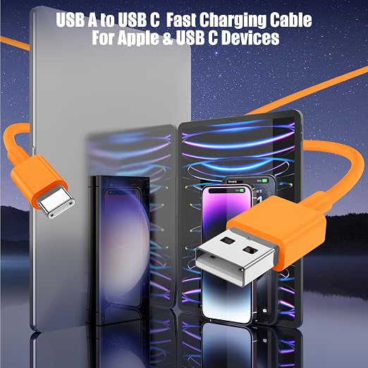 3-Pack Orange [3.3FT+3.3FT+6FT] USB A to USB C Cable，USB to USB C Cable，Car Carplay Cable for iPhone 17 16 15 Pro Plus Pro Max Air，for Galaxy S25, for iPad, for MacBook and More