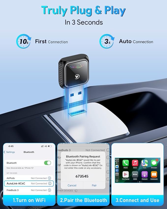 Super Mini Android Auto Wireless CarPlay Adapter - 3s Auto Connect Car Play Dongle, Zero Latency, Compatible with iOS & Android, 2017+ Models, USB/Type-C