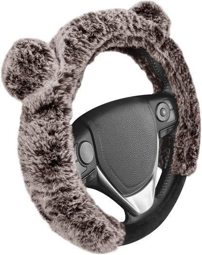 BDK Bear Fur Steering Wheel Cover, Plush Faux Fur Fuzzy Steering Cover for Car Truck Van SUV, Standard Size Fits Wheels 14.5-15 in Diameter, Brown with Ears