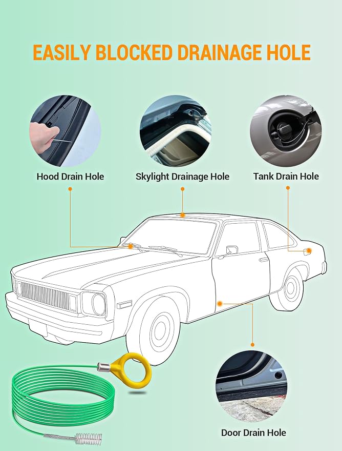 Auto Sunroof Cleaning Tool, 120 Inch Long Flexible Pipe Brush, Tube Cleaner Brush with 1 PC 7.9 Inch Drain Brush, Slim Drain Dredging Brush Perfect for Car Sunroof, Windshield Wiper Drain Hole