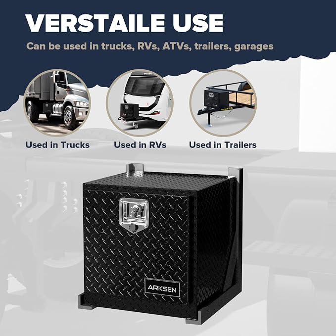 ARKSEN 18 x 17 x 18 Inch Underbody Tool Box, Heavy Duty Aluminum Diamond Plate Waterproof Square Storage Organizer Chest with T-Handle Lock & Keys for Pickup Truck, RV & Trailer – Black