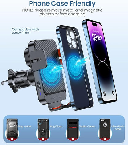 Wireless Car Charger, MOKPR 15W Fast Charging Auto-Clamping Car Mount Hands-Free Car Charger Mount for Dash Windshield Air Vent Compatible with iPhone 16 15/14/13/12, Samsung S23/S22/S21,red