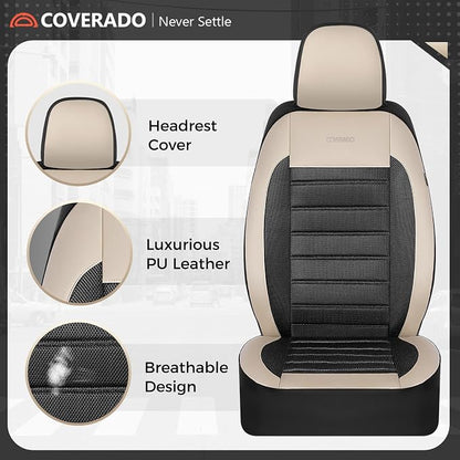 Coverado Car Seat Covers Full Set, Luxury Leather Car Seat Covers, Automotive Front and Rear Mesh Seat Covers, Full Set 5 Seats, Black Beige Seat Covers for SUV Sedan Truck
