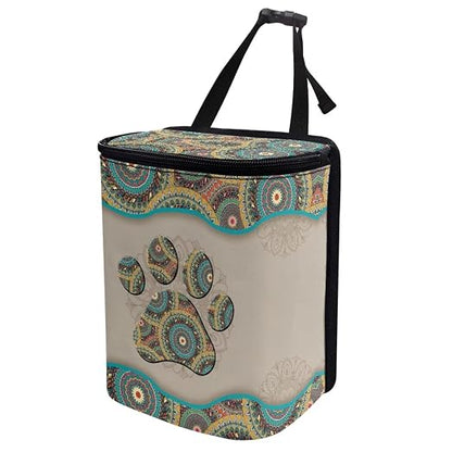 Talayituse Boho Mandala Print Car Trash Can, Dog Paw Design Portable Auto Garbage Bin Multifunctional Vehicle Interior Accessories with Adjustable Straps Universal Fit Truck SUV Sedan