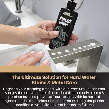 Flitz Faucet Wax Plus - 3.4oz Bottle of USA-Made, Water-Based Faucet Cleaner & Polisher for Water Stains, Fingerprints, & More - Metal Wax for Bronze, Nickel, Chrome, Brass - Granite Polish (1 Pack)