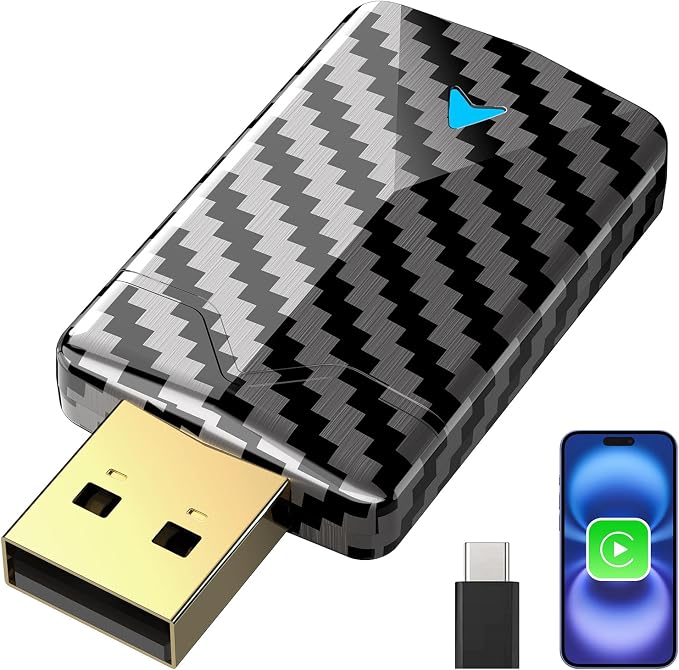 Wireless CarPlay Adapter for Apple iPhone – Converts Wired to Wireless, Gold-Plated USB Bluetooth Dongle, No Lag for Long Drives, Plug & Play for Cars from 2016 with Factory CarPlay