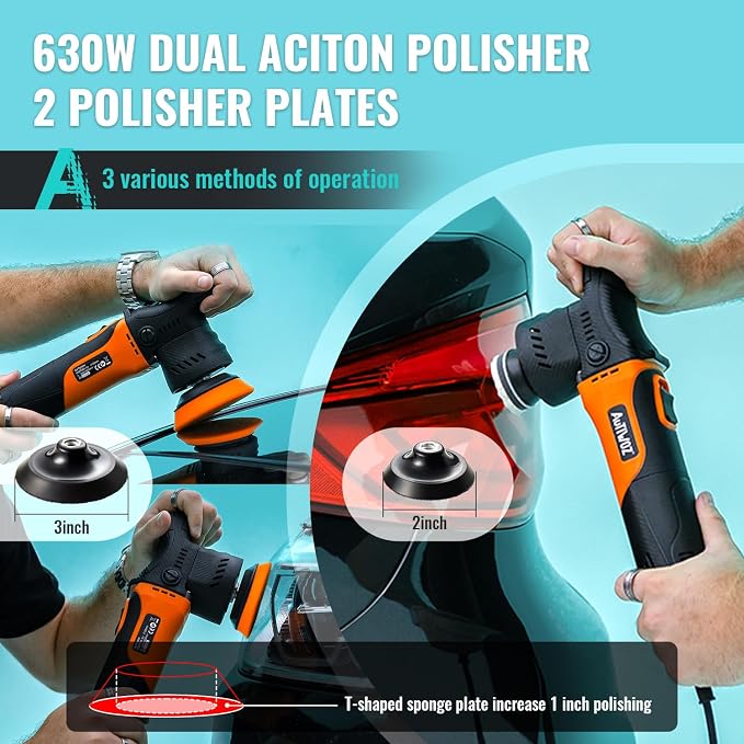 AUTIWOZ Mini Polisher, 2/3Inch Small Buffer Polisher, 630W with 12mm Random Orbital, Dual Action Car Polishers and Buffers for Car Detailing, Headlight Polishing, 2500-7000RPM with Soft Start, W02