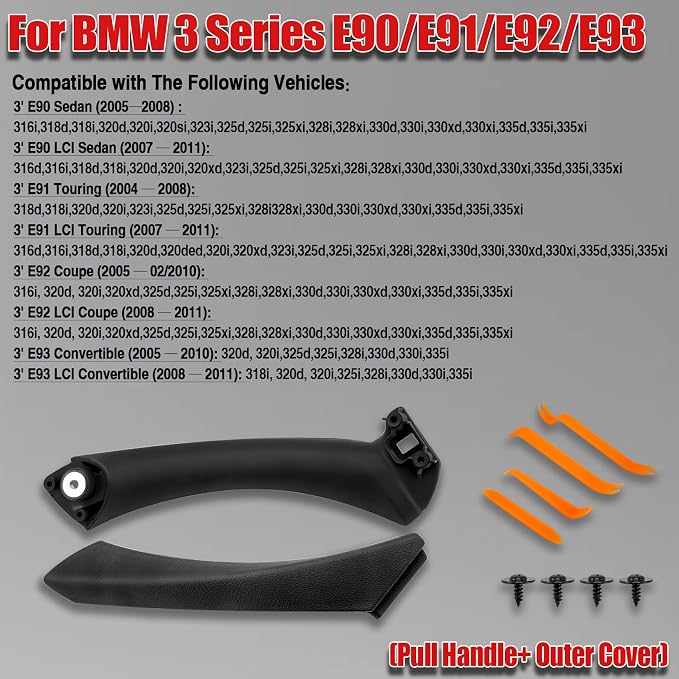 LIYYOO E90 Interior Door Handle Replacement Kit for BMW 3 Series 2004-2011 E90/E91/E92/E93 316i 318i 320i 323i 325i 328i 330i 335i,Door Pull Handles + Door Handle Cover (Right Side,Black)