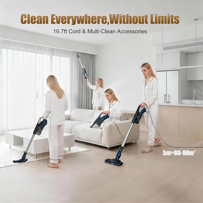 Corded Vacuum Cleaners For Home, 500W Powerful Suction With Dual HEPA Filters, LED Lights & 16.7ft Power Cord, One-Touch Release Dust Cup, Converts To Handheld Vacuum For Pet Hair Hard Floor (VA002)