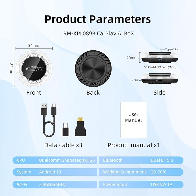 [8G+128G] Carplay Ai Box for BMW/Porsche/Other Cars,Fast Car Video Box Android 13 System Adapter Magic Portable Head Unit,Support Voice Assistant/SIM&TF Card/Online Netflix/YouTube/Disney+/Hulu/GPS/