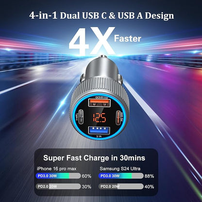 USB C Car Charger 5 Pack, 65W Dual 12V USB C & USB A Car Charger with Voltage Display Multi Port PD/QC 3.0 Fast Charge Cigarette Lighter Adapter for iPhone 17/16/15/14/13 Pro,Galaxy S25,Android(Grey)