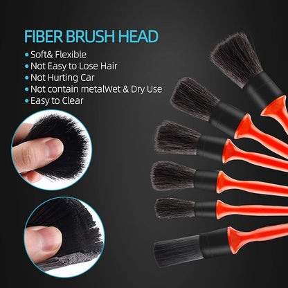 SPTA Car Detailing Brush Kit - 6 Pack, Auto Boar Hair Detail Brush Set Automotive Interior Exterior No Scratch Microfiber Detailing Brushes for Cleaning Air Vents, Engine Bays, Dashboard and Wheels