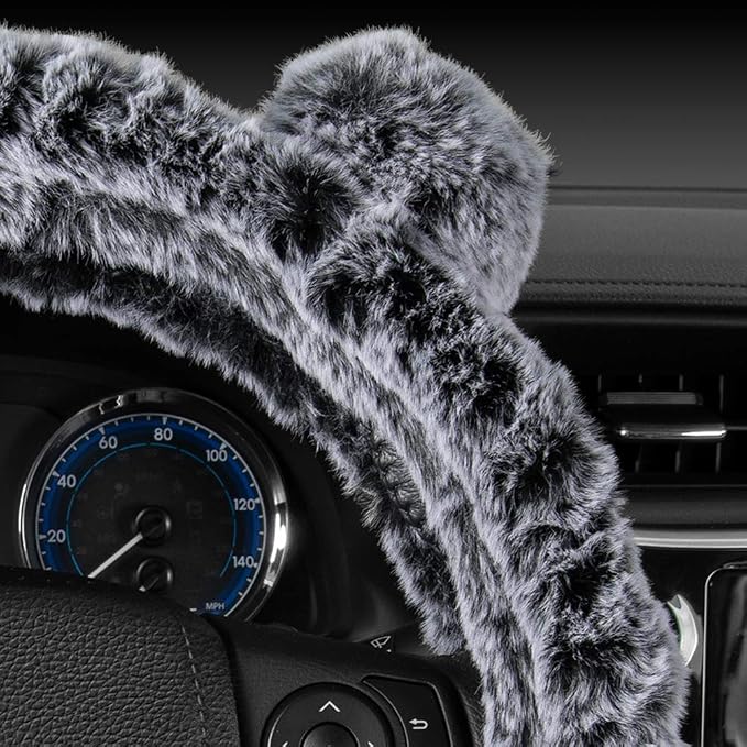 BDK Faux Fur/Wool/Sheepskin Steering Wheel Cover for Women - Cute, Bear Fur, Soft, Fluffy, and Warm, Great for Winter Gray with Ears, 14.5-15