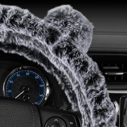 BDK Faux Fur/Wool/Sheepskin Steering Wheel Cover for Women - Cute, Bear Fur, Soft, Fluffy, and Warm, Great for Winter Gray with Ears, 14.5-15