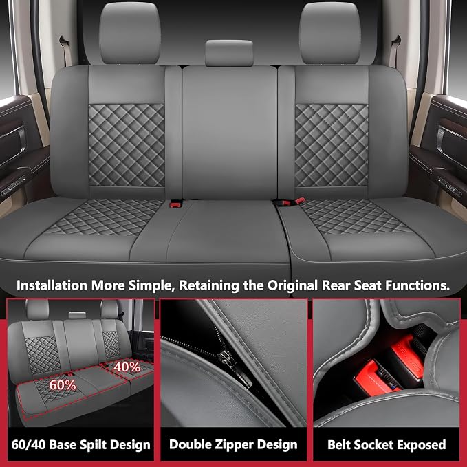 Ram 1500 Seat Covers 2019-2026 Full Set, Truck Interior Sets with Lumbar Support Custom Fit for Dodge Ram 1500/2500/3500 Crew/Mega Cab with Rear Flat Bench, Gray