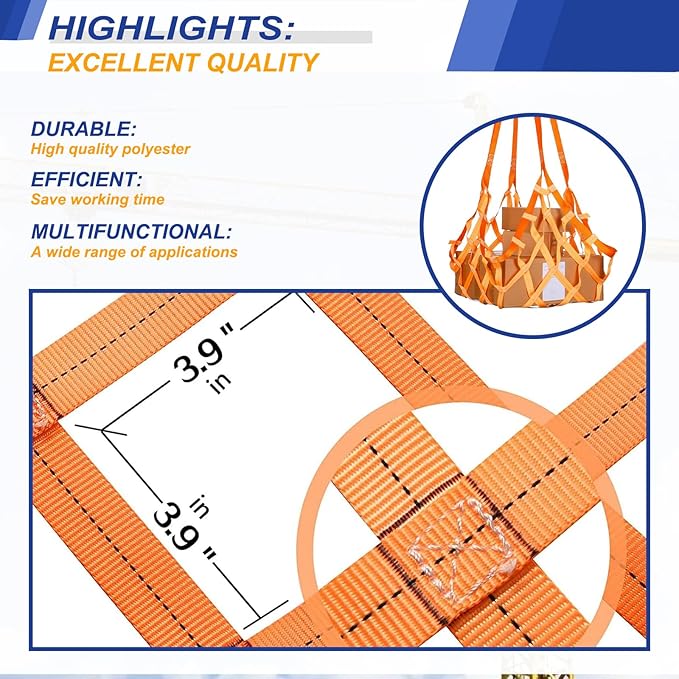 Safety Lifting Net Straps, Flat Nylon Sling Hoisting Net, 6.6' x 6.6'ft Cargo Lifting Nets, Lifting nets and Unloading Heavy Objects(Load:7800lbs) Sling Hoisting Net for Construction Rigging Moving