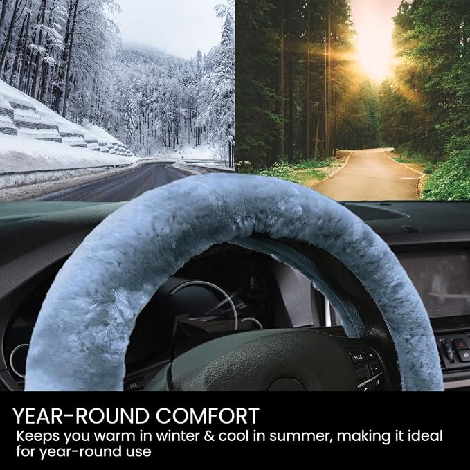 Andalus Brands Luxury Fluffy Car Steering Wheel Covers – Genuine Merino Sheepskin, Soft Fuzzy Car Steering Wheel Cover for Women, Universal 14.5-15" Size, Plush Fur Cute Auto Accessories, Blue Gray
