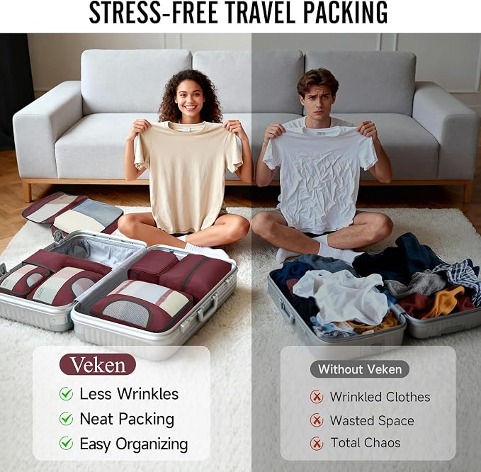 Veken 8 Set Packing Cubes for Travel Essentials,Anti-Wrinkle Buckled Suitcase Organizer for Shoe & Toiletry Bag,Carry On Luggage Bag with 99+ Count Mesh Holes for Airplane & College Dorm Accessories