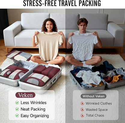 Veken 8 Set Packing Cubes for Travel Essentials,Anti-Wrinkle Buckled Suitcase Organizer for Shoe & Toiletry Bag,Carry On Luggage Bag with 99+ Count Mesh Holes for Airplane & College Dorm Accessories