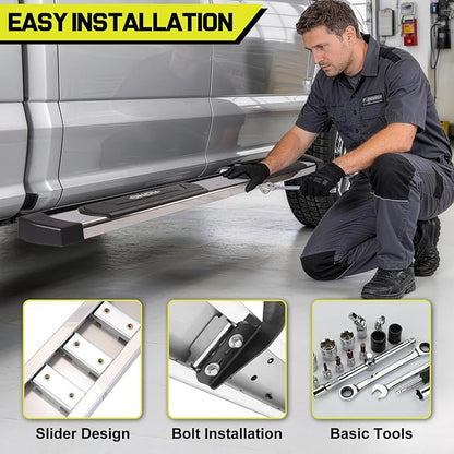 BINARY STAR 6 Inch Running Boards Compatible with 2007-2018 Chevy Silverado/GMC Sierra 1500 Extended/Double Cab, 07-19 Silverado/Sierra 2500HD 3500HD. High Light Stainless Steel Side Step Nerf Bars.