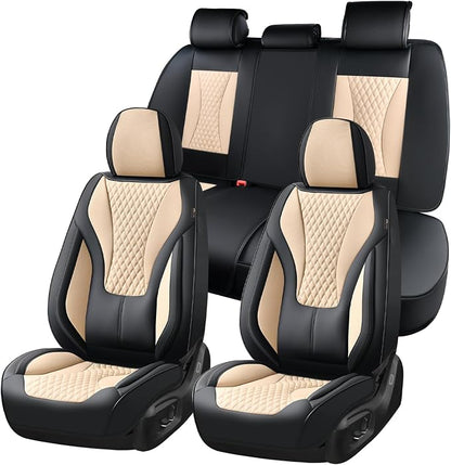 Coverado Waterproof Nappa Leather Car Seat Covers, Automotive Fullset Seat Covers, 5 Seat Car Seat Cushion & Seat Protector, Black&Beige Front and Rear Covers Universal Fit for Most Cars, SUVs, Trucks