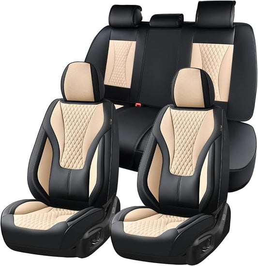 Coverado Waterproof Nappa Leather Car Seat Covers, Automotive Fullset Seat Covers, 5 Seat Car Seat Cushion & Seat Protector, Black&Beige Front and Rear Covers Universal Fit for Most Cars, SUVs, Trucks