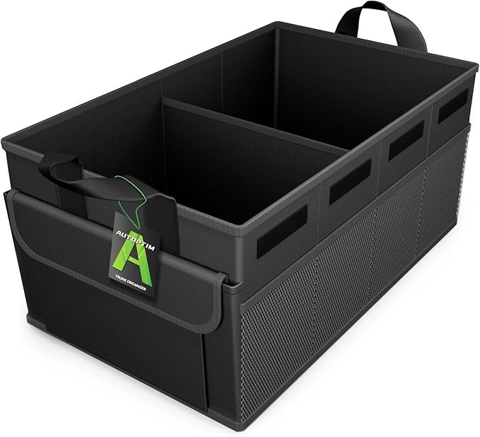 AUTOPTIM Car Trunk Organizer - Collapsible Car Organizer with Non Slip Bottom & Multiple Pockets for Groceries, Trunk Storage with Base Panel for SUV Sedan Van, 2 Compartments (Black, Small)