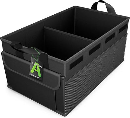 AUTOPTIM Car Trunk Organizer - Collapsible Car Organizer with Non Slip Bottom & Multiple Pockets for Groceries, Trunk Storage with Base Panel for SUV Sedan Van, 2 Compartments (Black, Small)