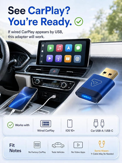 Wireless CarPlay Dongle – Wired to Wireless CarPlay Adapter for iPhone, Fast Auto Link, Metal Housing, Gold-Plated USB